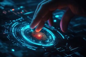 A cyber-themed artwork of a businessmanâ€™s hand unlocking a system with a neon biometric fingerprint recognition system