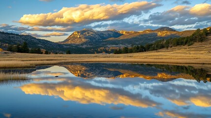 Obraz premium Serene mountain lake reflecting sunset clouds and golden sky.