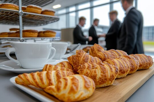 A sophisticated corporate networking breakfast event unfolds, showcasing an atmosphere of potential and collaboration Executives engage in dynamic discussions amidst the aroma of freshly brewed