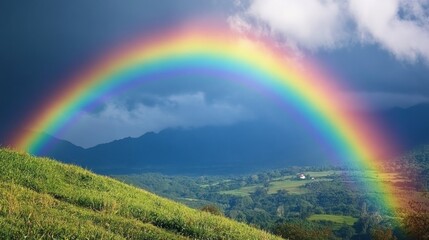 Fototapeta premium Bright and Colorful Rainbow Over Rolling Green Hills and Mountains