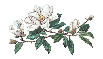 Old botanical illustration, magnolia flower vector, antique floral sketch, vintage plant drawing, engraved magnolia, botanical engraving, floral line art, classic botanical print © aura studio