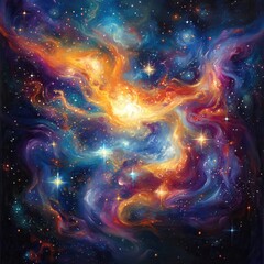 Fototapeta premium A vibrant painting of a swirling galaxy, featuring a rich palette of blues, purples, and pinks. Dazzling stars twinkle throughout, with a prominent bright star radiating light at the center.