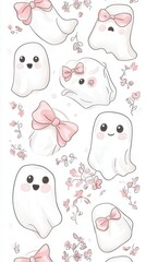 kawaii ghosts with sweet pink bows and floral accents,