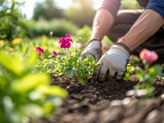 Naklejka premium Sustainable Gardening: Person Planting Vibrant Pink Flowers