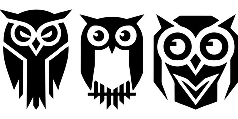 Three owl icons vector are displayed, stylized with bold lines and sharp angles.