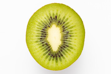 Close-Up of Fresh Green Kiwi with Black Seeds on White Background Highlighting Natural Vibrant Color and Texture