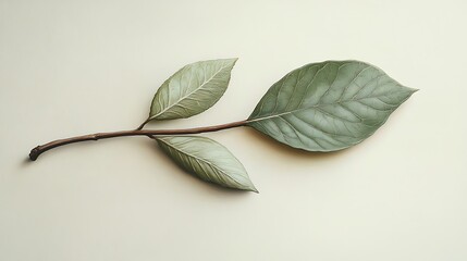 Obraz premium A branch with two large, textured leaves on a light background.