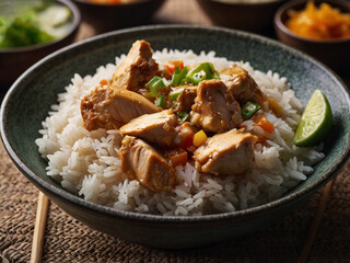 A bowl of rice with chicken and rice 
