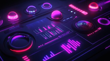 Obraz premium Digital interface panel displaying various futuristic graphical and physical controls