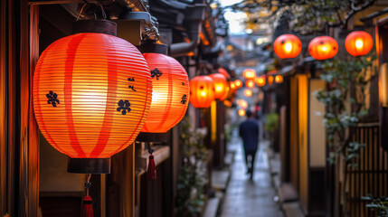 Naklejka premium Evening stroll through a hidden alleyway adorned with lanterns in Kyoto