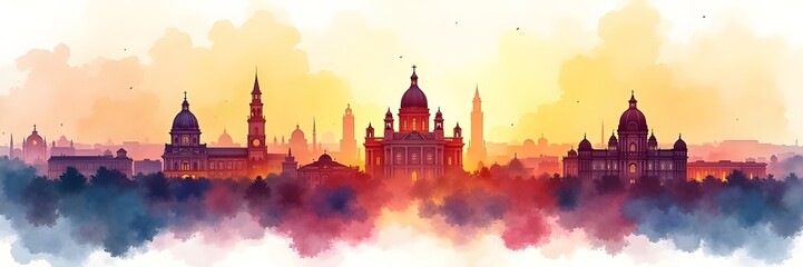 Obraz premium Madrid city skyline with monument landmarks Travel Spain Tourism Panaroma Cityscape Urban Architecture Watercolor illustration banner