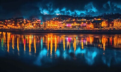 Fototapeta premium Dramatic cityscape at night with twinkling lights reflecting on a river, softly illuminated to create a vibrant and modern urban aesthetic