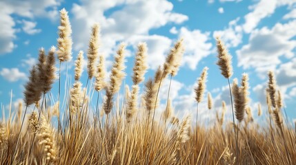 Fototapeta premium A serene landscape featuring tall golden grass against a bright blue sky with fluffy clouds.