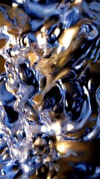 Close-up, water droplets frozen mid splash, crystal clear with rainbow prism, golden backlight, energetic and alive. Vertical video backgrounds
