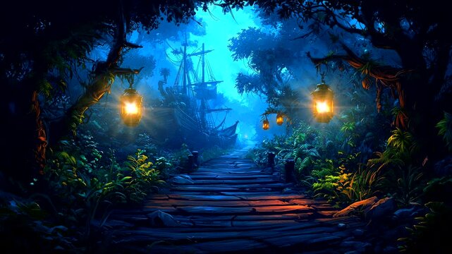 Mysterious jungle path leading to an abandoned pirate ship at night. Seamless looping 4K time-lapse animation video background