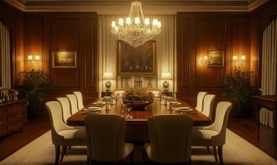 Elegant dining room with a classic chandelier, wooden table, and white upholstered chairs, soft lighting creating a timeless and sophisticated ambiance