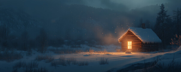 Wooden cabin glowing warmly in the snowy wilderness of Siberia during winter night