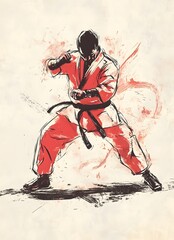 Dynamic Martial Artist in Action with Vibrant Red and Black Colors