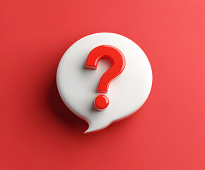 Modern 3D speech bubble with a red and white color scheme featuring a floating exclamation mark icon