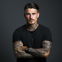 Portrait of a man with tattoos in a black shirt. Tattooed man with crossed arms on a gray background looking at the camera. Studio shot of an athletic man with tattoos looking forward.