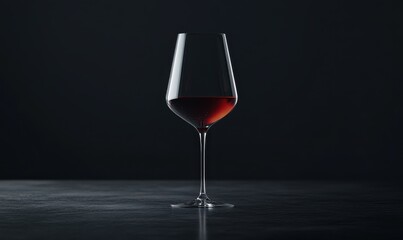 Elegant glass of red wine placed on a sleek black surface, soft lighting emphasizing its rich color and luxurious design