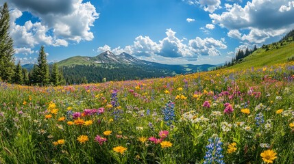 Fototapeta premium Colorful Wildflower Meadow Under Bright Blue Sky with Mountains