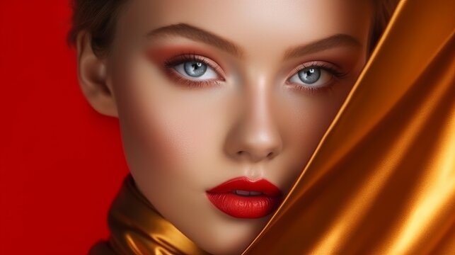 Closeup portrait of beautiful young woman with red lips and golden cloth. Beautiful Girl Face. Portrait of beautiful young woman with glamour makeup and red satin cloth. Fashion Beauty.
