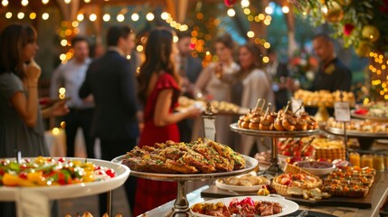A beautifully arranged outdoor buffet featuring a variety of gourmet dishes, complemented by warm twinkling lights, creating an inviting and festive atmosphere for guests.