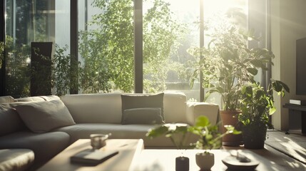Fototapeta premium A modern living room with large windows, a sofa and coffee table