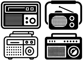 showcases four simple vector graphics of vintage radios.