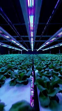 A dolly shot glides between rows of hydroponic lettuce, reflecting neon blues and purples from LED grow lamps. Vertical video backgrounds
