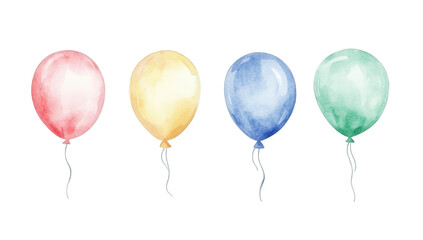 four colorful balloons in shades of red yellow blue and green each tied with a string the watercolor style gives it a soft festive appearance suitable for celebrations or events