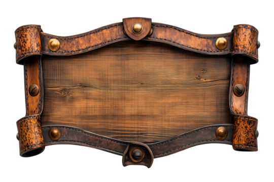 Rustic wooden signpost with leather straps for village directions, rustic wooden signboard png image