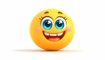 Cute 3D yellow smiley face with big blue eyes and rosy cheeks on white background