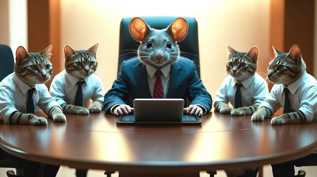 A humorous meeting scene where a mouse in a suit leads a business discussion with four serious-looking cats in formal attire. The contrast creates a comical yet professional atmosphere.