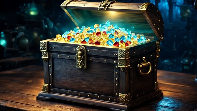Open Wooden Treasure Chest Overflowing with Sparkling Gold Coins and Vibrant Red, Blue, and Green Gemstones in a Dark Fantasy Setting, 3k