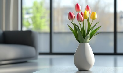 Elegant tulip bouquet in vibrant shades of pink and yellow placed in a sleek white vase, soft natural light enhancing its fresh and cheerful design