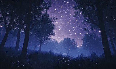 Enchanting starry forest scene with tall silhouetted trees and a glowing night sky filled with radiant stars, evoking a magical fairytale atmosphere,