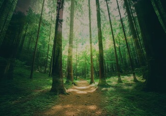 Obraz premium A double-exposure image combining a lush forest and a city skyline.