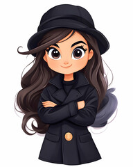 Fototapeta premium Cute cartoon girl with brown hair and a black coat and hat, arms crossed