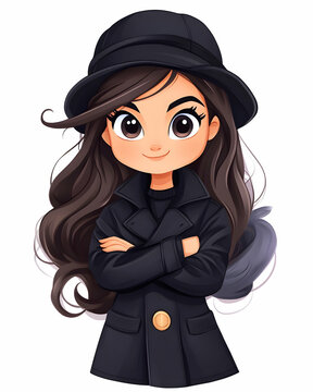 Cute cartoon girl with brown hair and a black coat and hat, arms crossed
