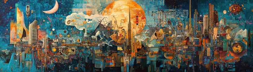 Fototapeta premium A vibrant painting depicting a bustling city skyline at night, illuminated by a large, glowing moon. A prominent clock tower stands tall, its hands frozen in time, adding a sense of mystery.
