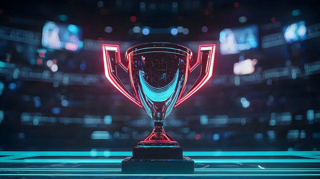 Red And Blue Digital Trophy On Glass Podium