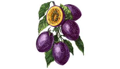 Passion fruit vector, old botanical illustration, isolated on transparent background, tropical fruit, hand-drawn style, vintage engraving, exotic fruit, fresh juice ingredient
