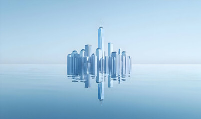 Fototapeta premium Serene Cityscape Reflected in Calm Waters Under Soft Blue Sky
