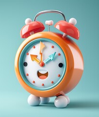 Cartoon Alarm Clock Showing Time on Light Blue Background Illustration