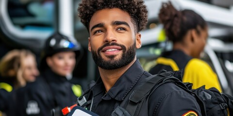 First responder confidently holds medical equipment amid supportive team Generative AI