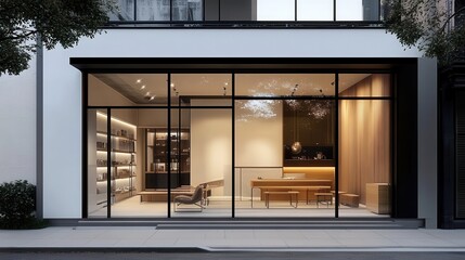 Glimpses of the interior showcased through glass windows.