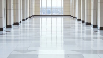 Fototapeta premium A clean and modern hallway with polished floors and tall windows, showcasing contemporary design and bright natural light enhancing the spacious ambience.