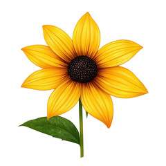 Obraz premium Sunshine Bloom: A close-up, vivid illustration captures the radiant beauty of a fully bloomed yellow flower, its petals gracefully unfurling around a dark center, complemented by a vibrant green leaf.